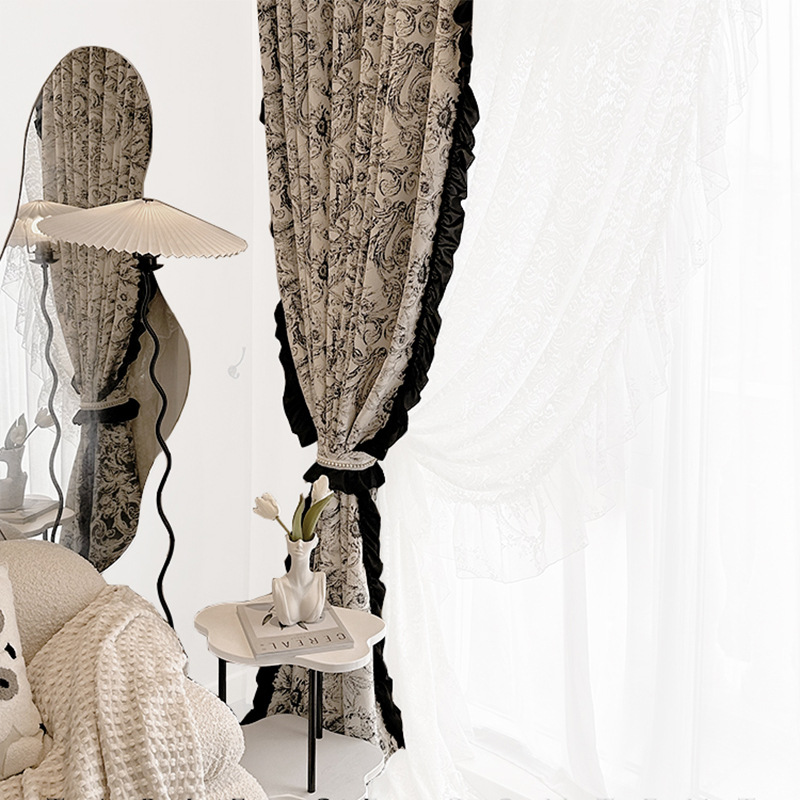 Finished product of French retro Chenille jacquard black and white American Rococo lace blackout bedroom and living room bay window Item Picture