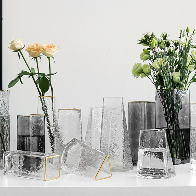 欧式简约锤击纹方型金边玻璃花瓶 Ins家居装饰客厅样板间插花摆件