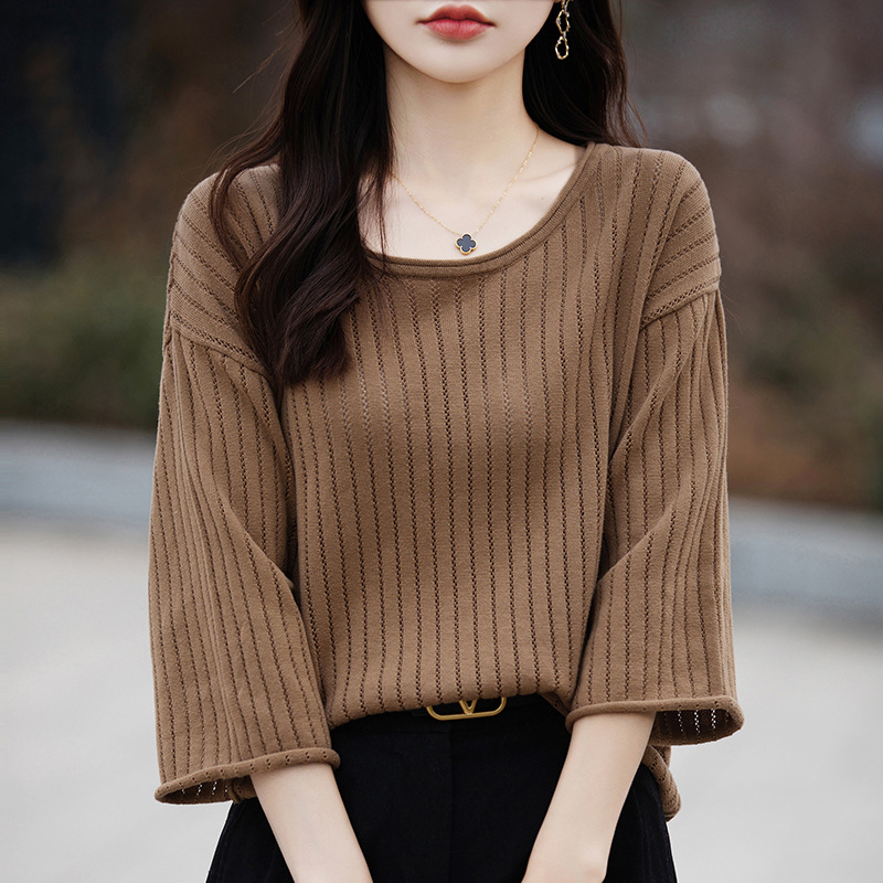 七分袖中袖夏女装纯棉镂空针织套头T恤清凉针织衫宽松版套头大码