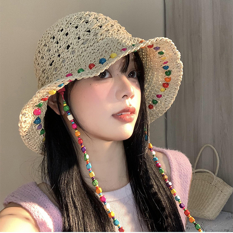 Hyuna style colorful wooden bead straw hat for women, summer hollowed-out large brim sunshade hat, foldable fisherman hat, trendy Specification image