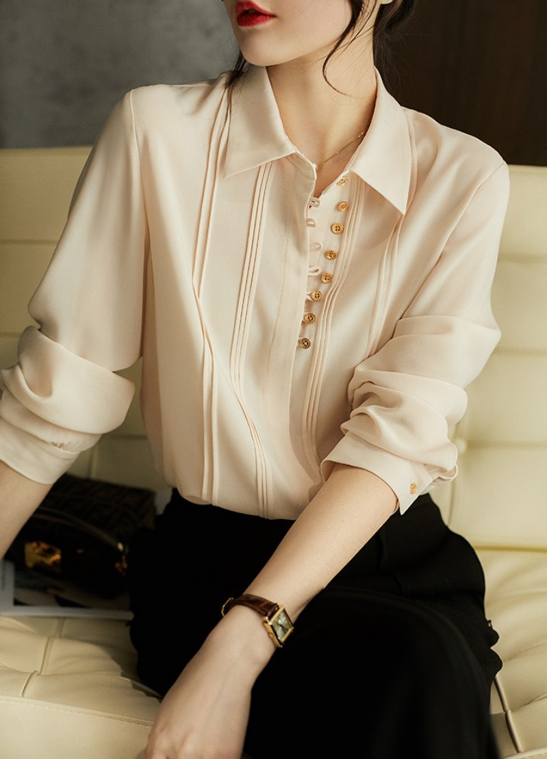 French original order European women's clothing Tuck line shirts for export ~ Early spring style French retro acetate mini tops trend