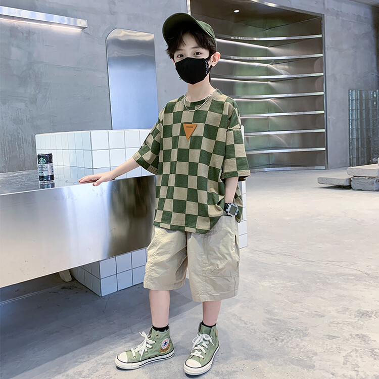 夏季男童短袖套装2022儿童格子短袖T恤+休闲短裤两件套男孩套装潮