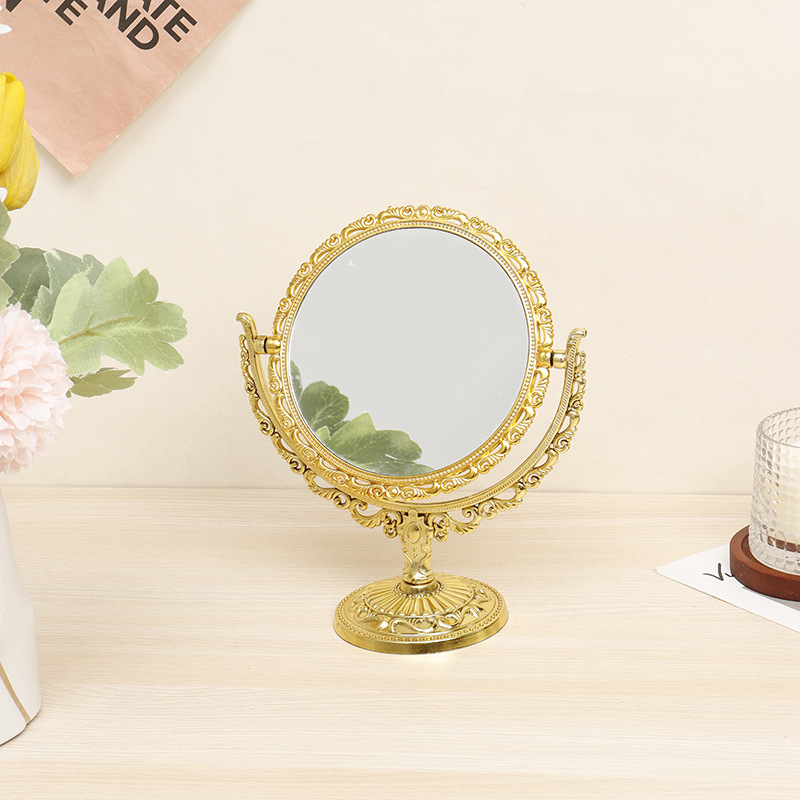 Factory direct sales of round gold makeup mirrors, European-style medium-sized double-sided dressing mirrors, retro gold and silver imitation dressing mirrors details Picture