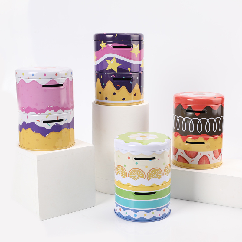 Self-owned brand double-layer cylindrical iron piggy bank, children's creative gift decoration, openable lid storage box, Kulomi style design Specification image
