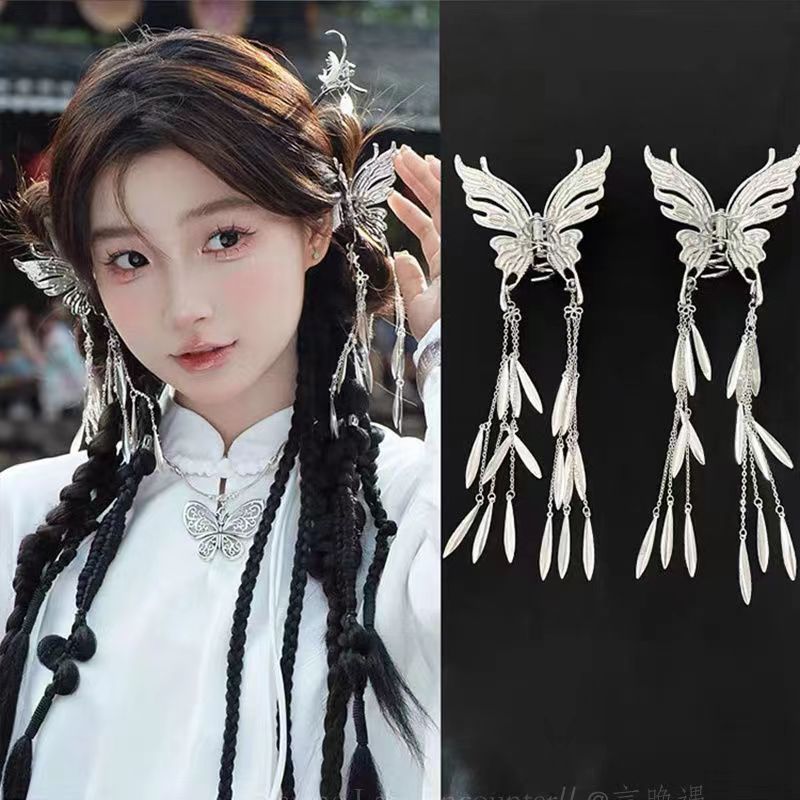 国风国潮新中式蝴蝶流苏抓夹高级感小众盘发鲨鱼夹复古民族风头饰发饰夹子