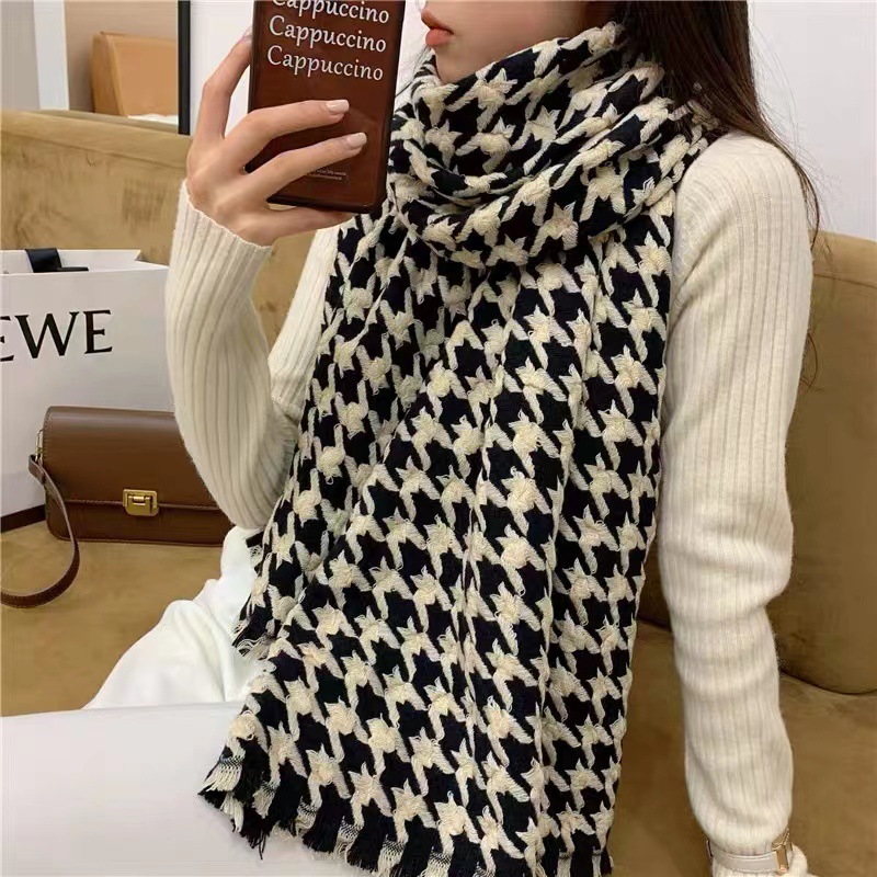 Korean Version Of Hand-Woven A Thousand Bird Check Scarf Women's Winter Thickened Large Shawl Dual-Use Check Bib Custom Specification drawing