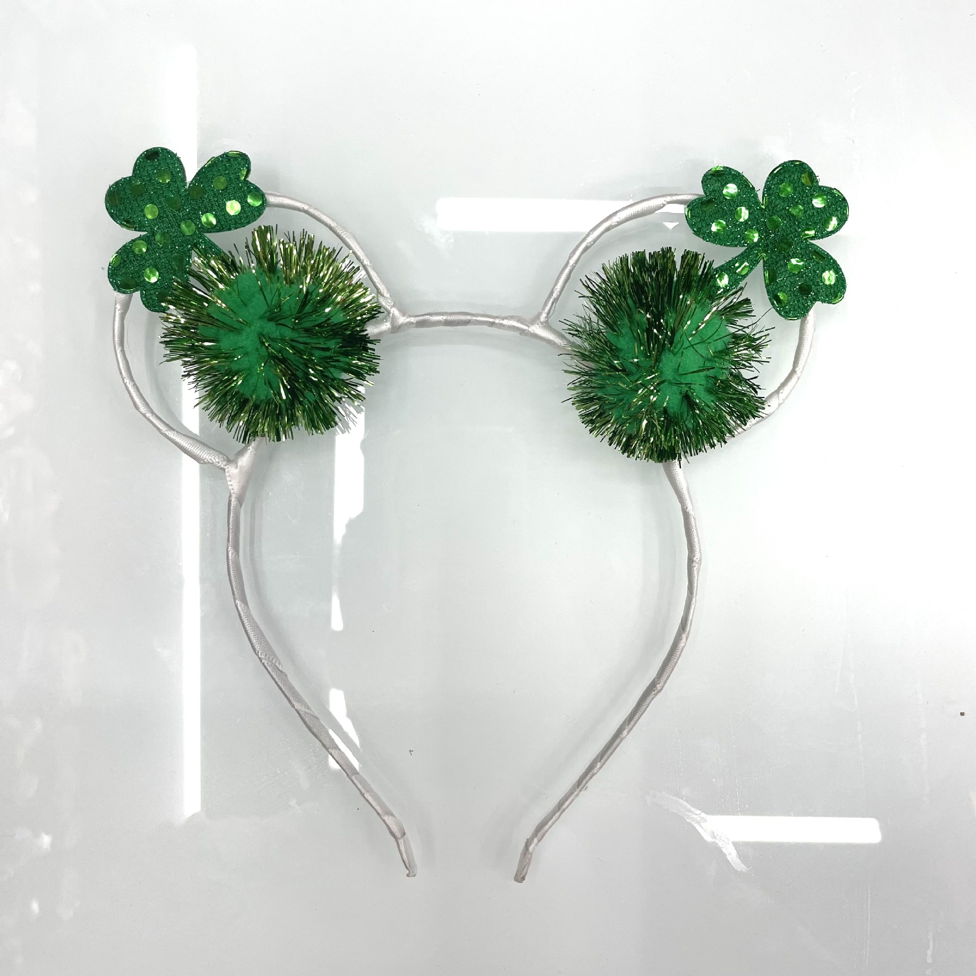 跨境节日绿色金丝球三叶草米奇耳多发箍圣帕特里克节发饰爱尔兰图