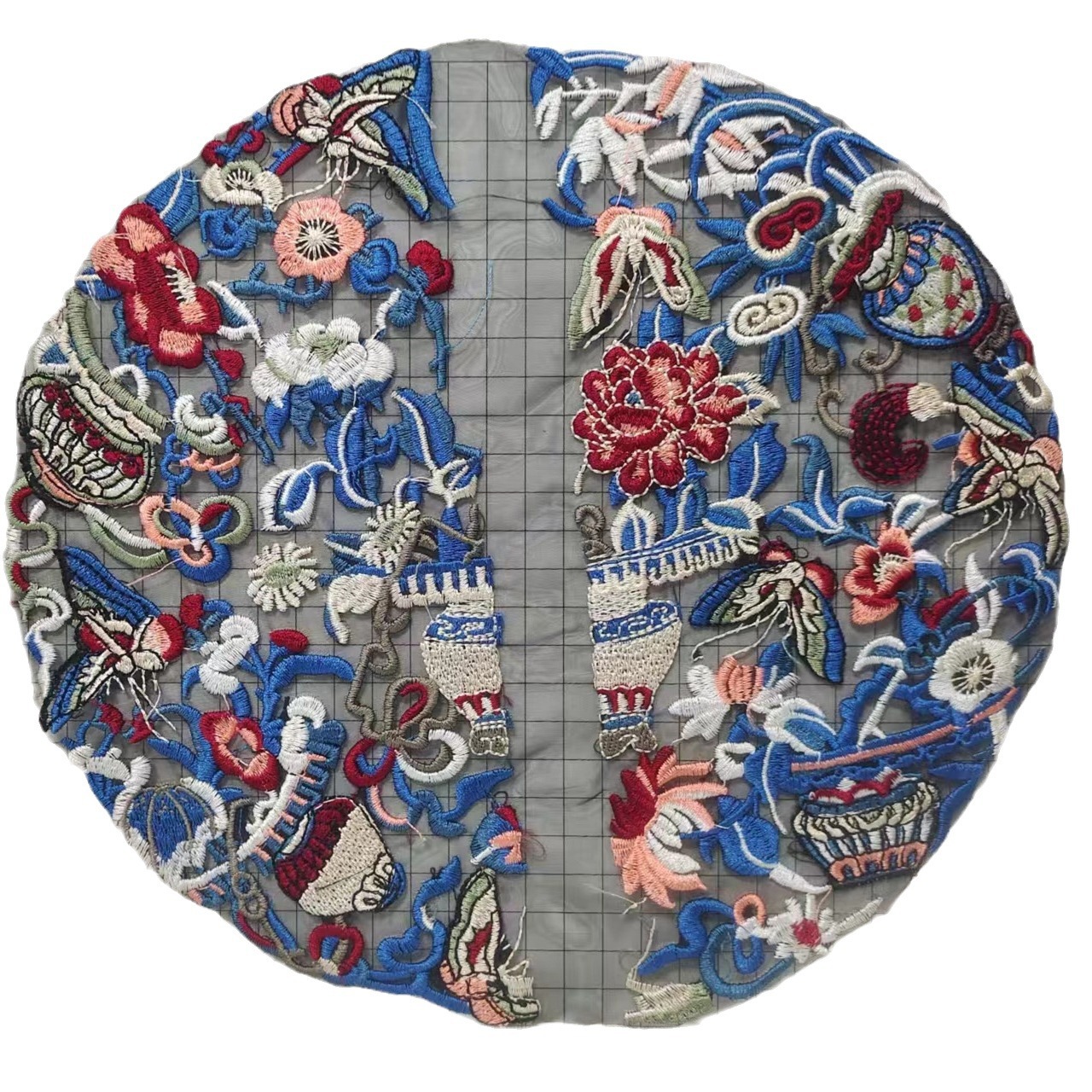 Gallo Wholesale Flat Embroidery Ancient Style National Style Blue Tune Round Flower Round Dragon Clothing Accessories Factory Direct Sales Diy21