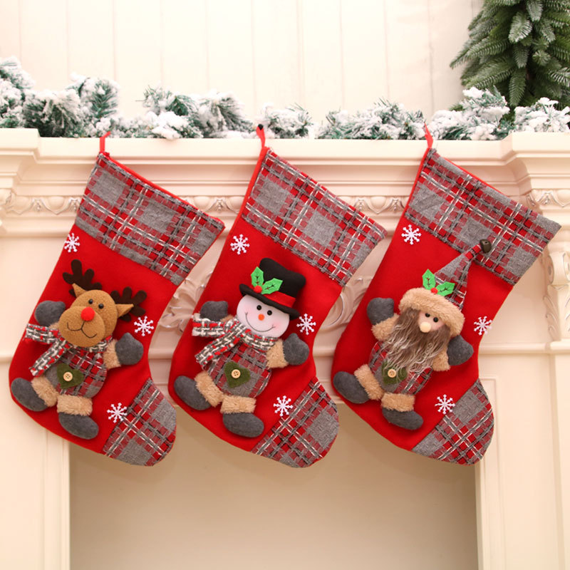 Cross-Border New Three-Dimensional Large Christmas Socks Gift Bag Santa Bells Plaid Socks Christmas Decorations
