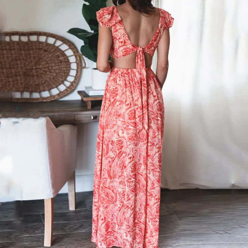 Printed V-neck backless lace pleated sleeve dress Application Scenario