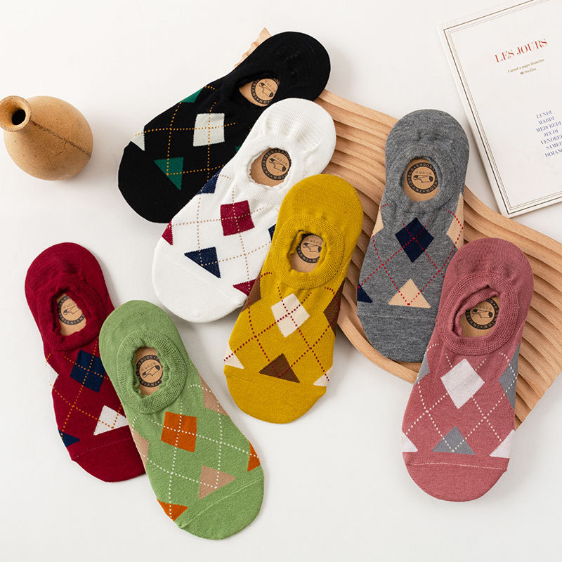 Invisible socks for women, all-cotton boat socks that don't fall off, thin diamond-shaped sock sleeves, Japanese retro shallow-mouth invisible boat socks wholesale