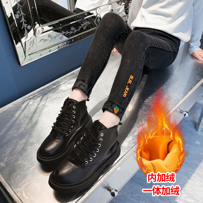 Winter Girls' fleece jeans 2022 New Style Zhongda Children's one-piece fleece Warmth Student stretch Little feet 8 years old 10 Application Scenario