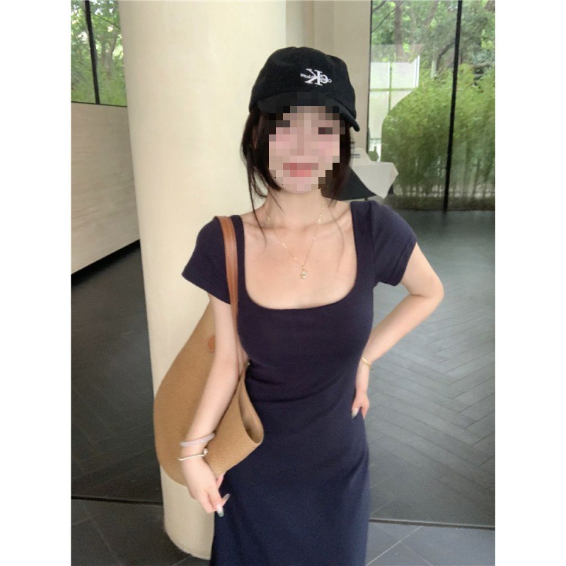 French pure and elegant summer round-neck short-sleeved dress, figure-hugging, form-fitting, waist-cinching long dress, solid color high-waisted, wide-swing dress details Picture