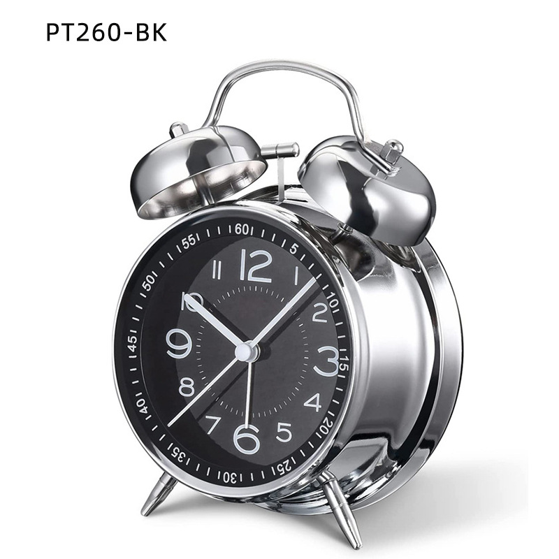 4-inch electroplated metal silent double bell alarm clock, glass silk-screened scale digital clock face, luminous clock face Item Picture