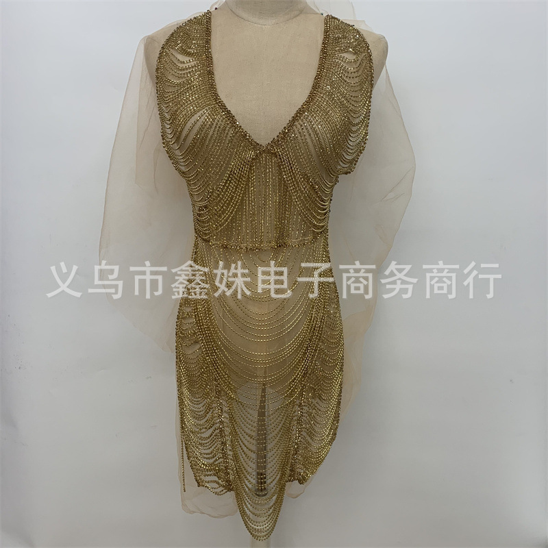 金色流苏露背派对聚会优雅修身连衣裙