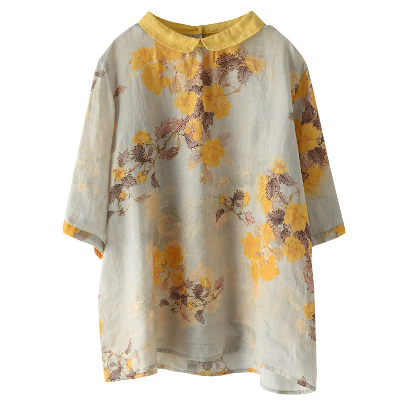 Artistic and retro loose doll collar mid-sleeve printed ramie shirt pullover cotton and linen top women's summer linen shirt Item Picture