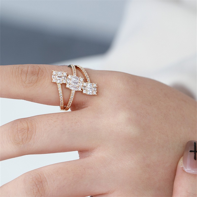 2023 European and American exaggerated copper micro-inlaid zircon ring for women, non-fading open ring, niche index finger ring wholesale, Kas Specification image
