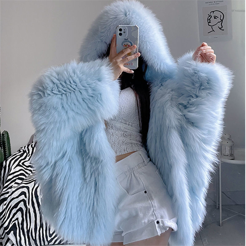 2022 New style fox fur woven hooded bat sleeve long-sleeved, slimming, figure-hugging, versatile faux fur coat for women details Picture