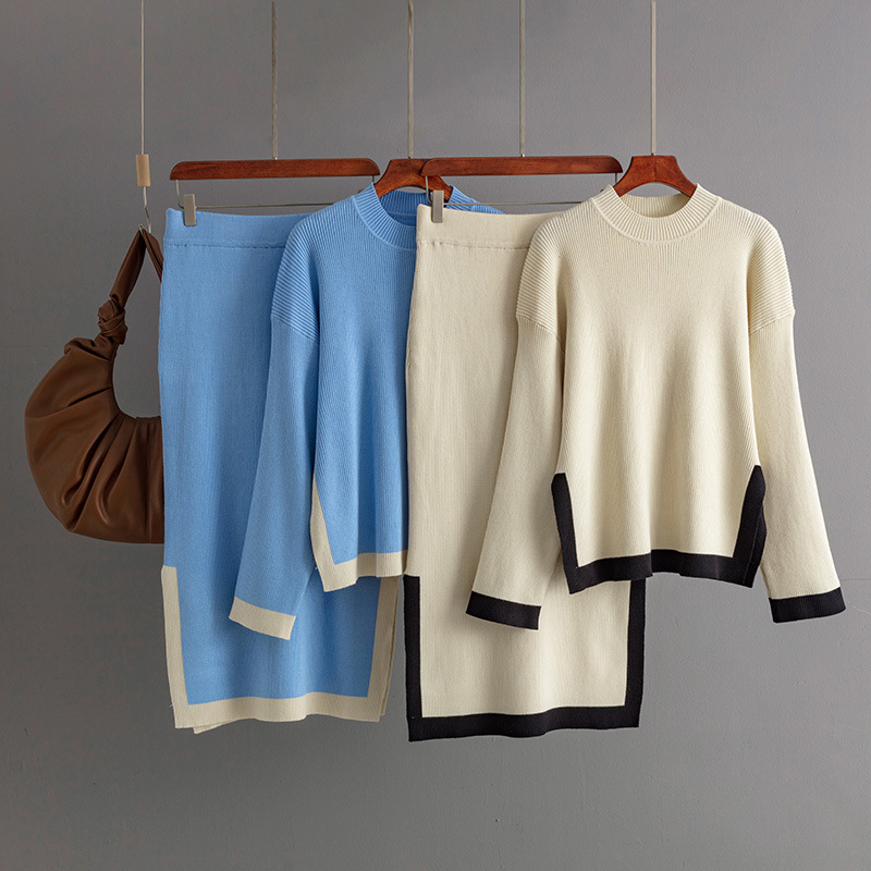 A new autumn cross-border knitted set for women, featuring a stylish two-piece outfit of a color-blocking round-neck top and a slit skirt full figure