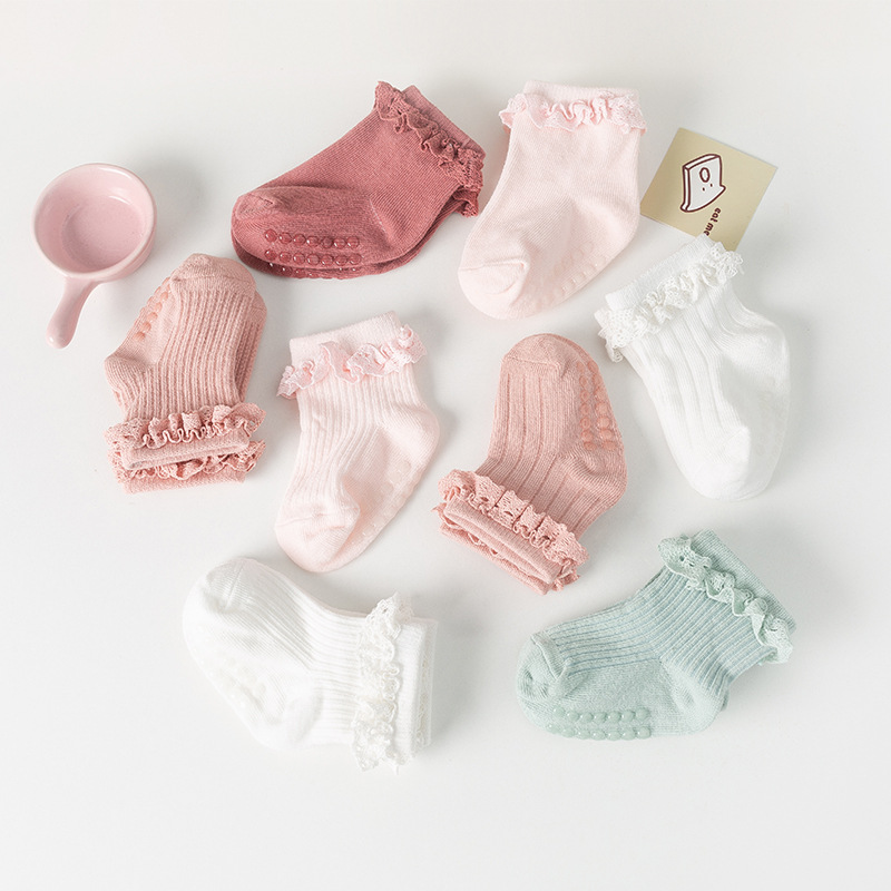 亚马逊儿童防滑秋冬棉袜婴幼儿0-6个月女童纯色花边袜宝宝地板袜
