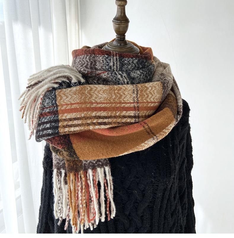 围巾女秋冬季跨境高级感仿羊绒格子流苏披肩学生加厚保暖围脖批发详情3