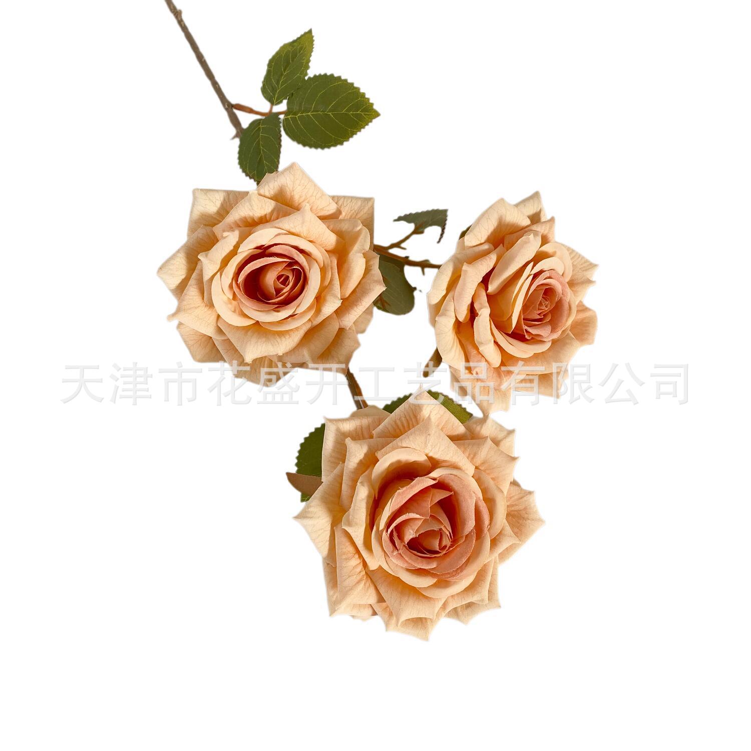 Net Red 3 Head Cappuccino Rose Simulation Flower Senior Wedding Decoration Home Soft Decoration Hotel Decoration Cross-Border Item Picture