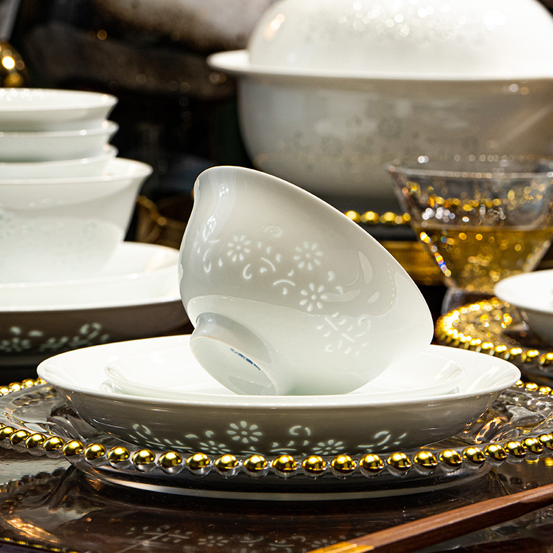 Camel Peak Ceramics Group Jingdezhen Linglong Ceramic Tableware Set, Customized household housewarming gift bowl and plate set details Picture