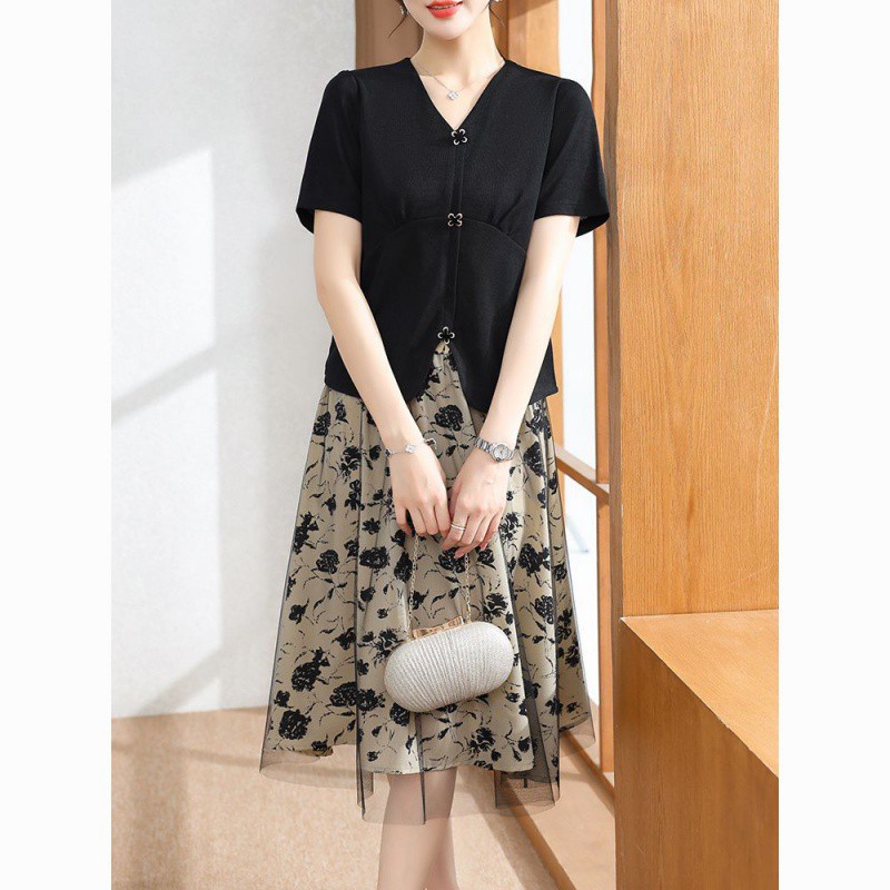 妈妈装夏季两件套装连衣裙短袖T恤薄款上衣服中老年女时尚半身裙