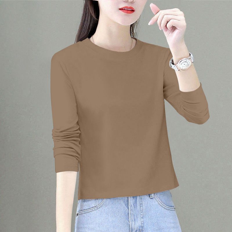 Coffee-colored pure cotton solid-color long-sleeved T-shirt for women, spring and autumn, large size, loose and stylish base layer, short and trendy top for short people