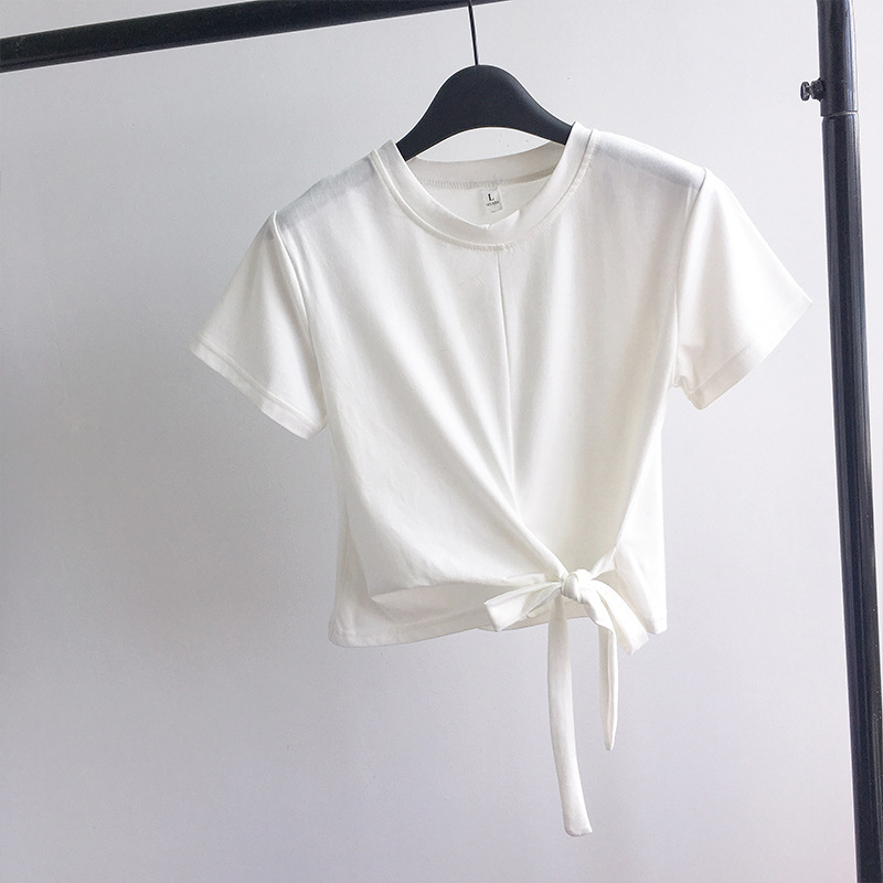 Short T-shirt Women's short-sleeved ins trendy summer wear 2025 new design sense lace-up T-shirt Korean-style high-waisted crop top details Picture