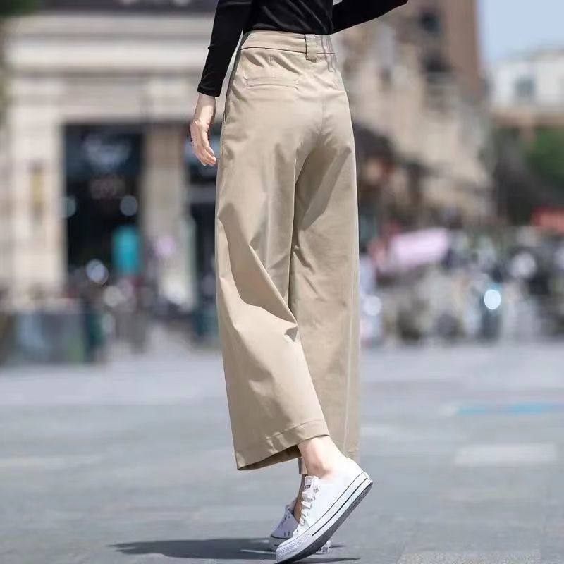 2024 New summer pure cotton petite casual pants, women's 9-inch pants, mid-waist wide-leg pants, versatile style details Picture