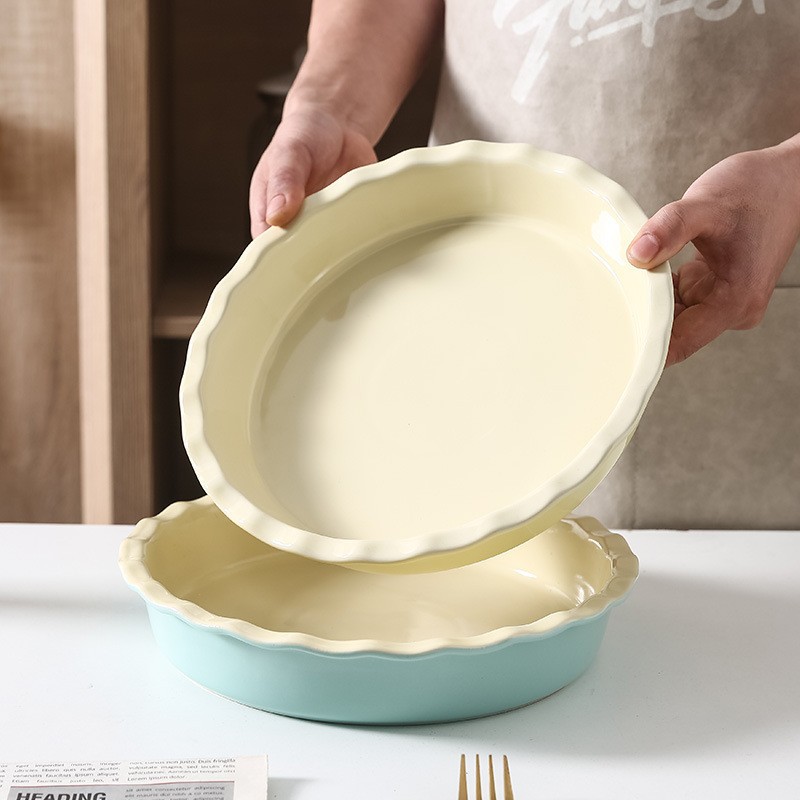 批发陶瓷烤盘西式烘培烤箱专用花边西餐盘米色暖系波浪圆形披萨盘