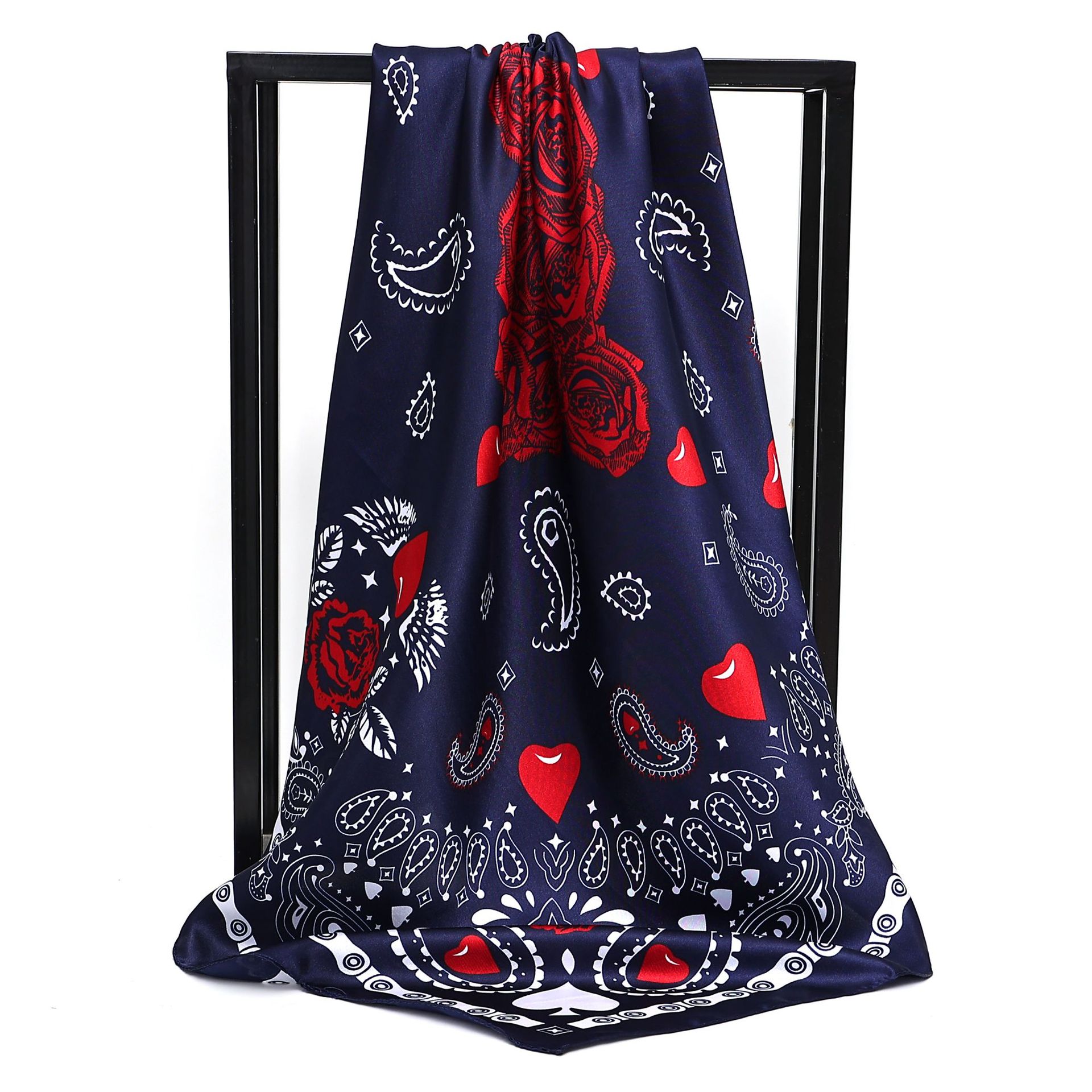 2022 New Peach Heart Cashew Print Scarf Shawl Women Imitation Silk Color Ding Silk Scarf All Professional 90 Square Scarf details Picture