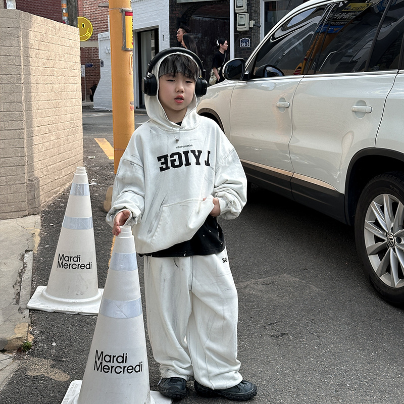 Yi-hung trajes de guardia para chicos con capucha de otoño manga larga pantalones de punto recto dos piezas cepillado a mano pintado viejo