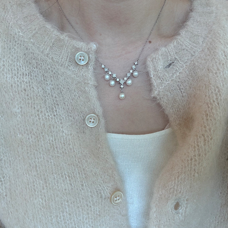 The New S925 Silver Diamond Diamond Pearl Necklace Women Simple Everything Fashion Light Luxury Fine Temperament Clavicle Chain