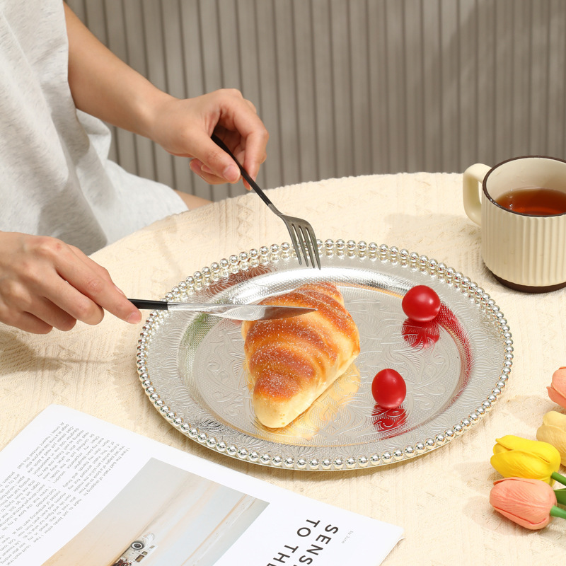 Large Fruit Tray Light Luxury Metal High-Grade Bead Point Dried Fruit Snack Tray Home Afternoon Tea Pastry Tray Jewelry Tray details Picture