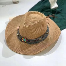 牛仔草帽女夏天出游遮阳帽2022年新款民族风爵士帽大檐沙滩帽