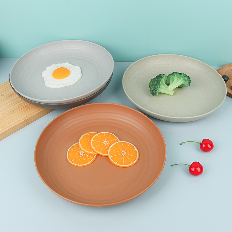Wholesale of wheat straw plastic plates, round plates, vegetable plates, plastic dinner plates, household fruit plates, snack plates