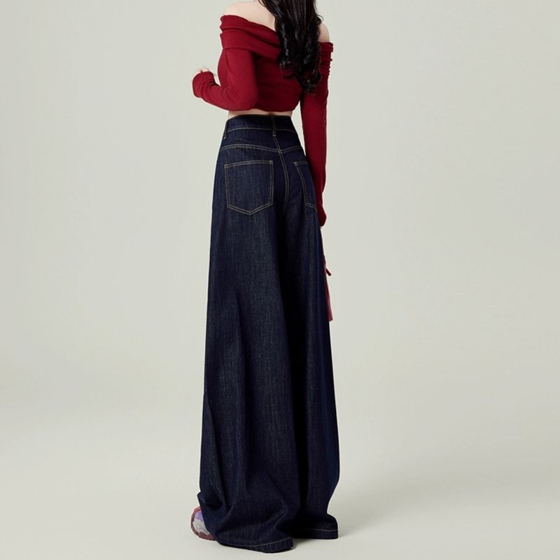 美式深蓝大阔腿牛仔裤女春秋季2025新款高腰宽松垂感拖地裤子早春