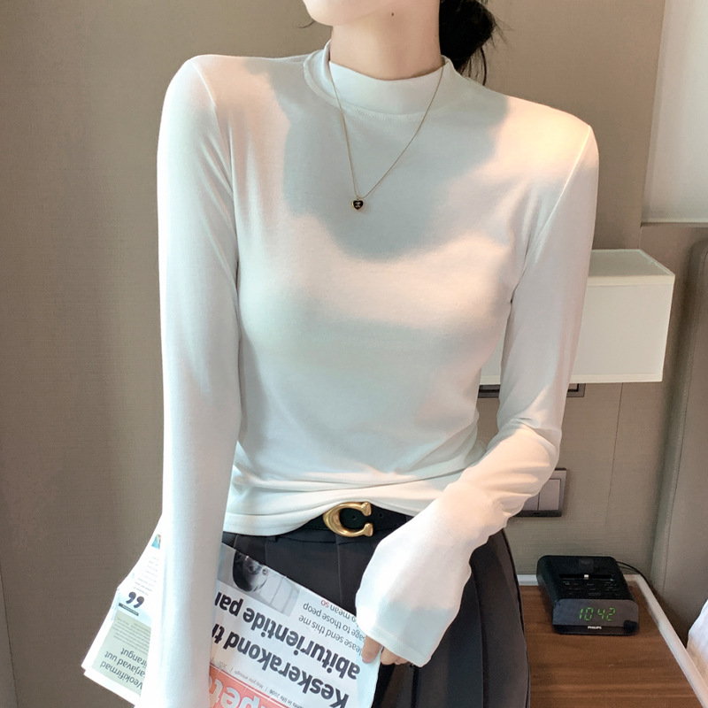 Spring New Women's Long Sleeve T-Shirt Modal Base Shirt Solid Color Autumn Coat Half High Neck Round Neck Small Stand Collar Top details Picture