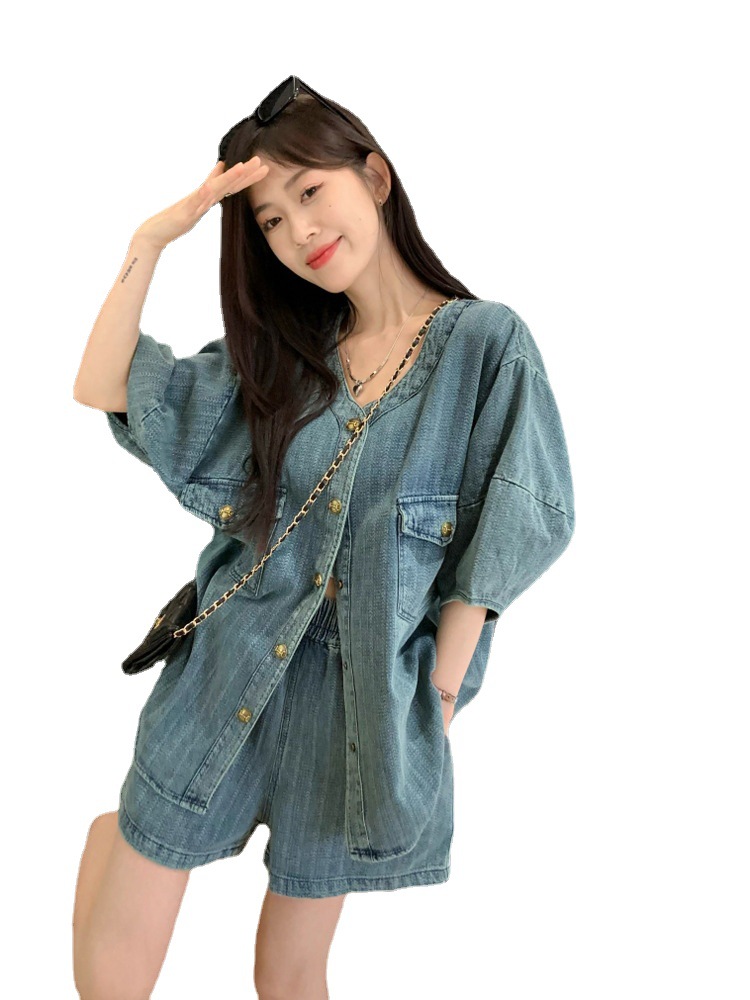 Loose denim suit women's short jacket top for summer 2023 new style wide-leg short pants fashion two-piece set Item Picture