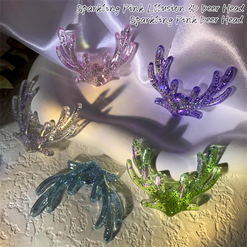 新款闪粉幻彩立体鹿头亚克力贴片 创意DIY装饰发夹手机壳饰品配件