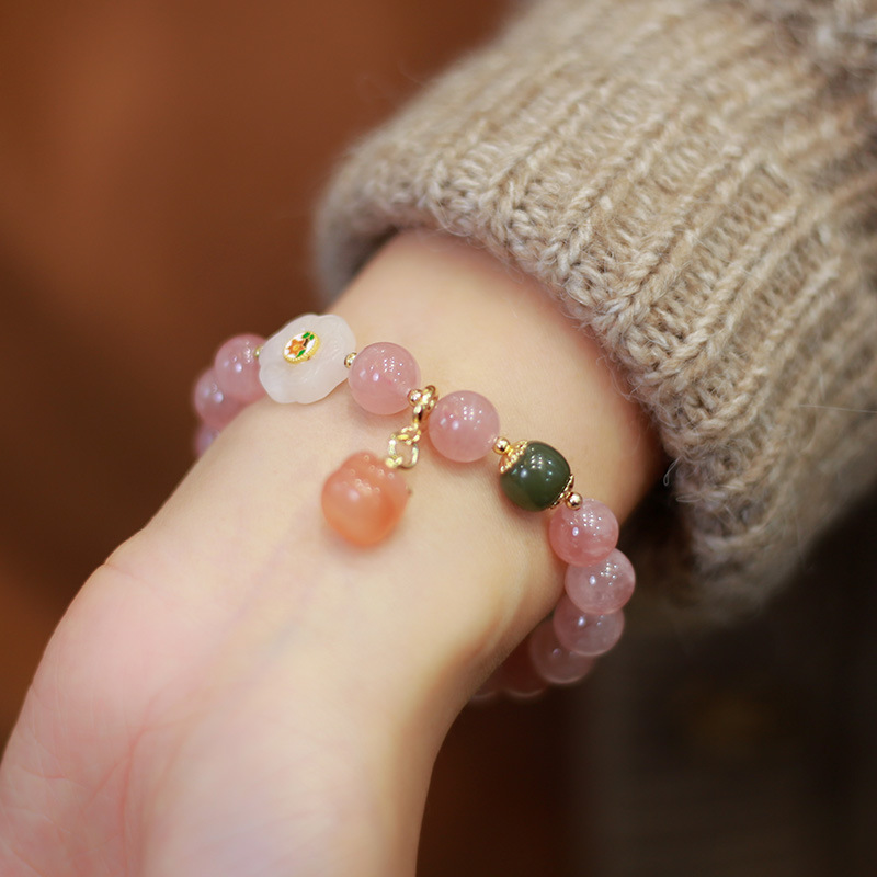 Madagascar rose quartz persimmon pendant bracelet and Tian Tian jade flower persimmon wishing you all the best bracelet for a girl to give to her best friend Specification image
