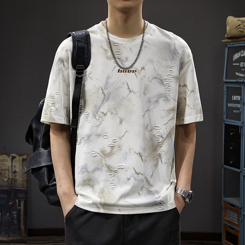 2025 New top fashion brand, thin short-sleeved T-shirt, men's loose and casual summer fake, cool half-sleeved shirt with holes Specification image