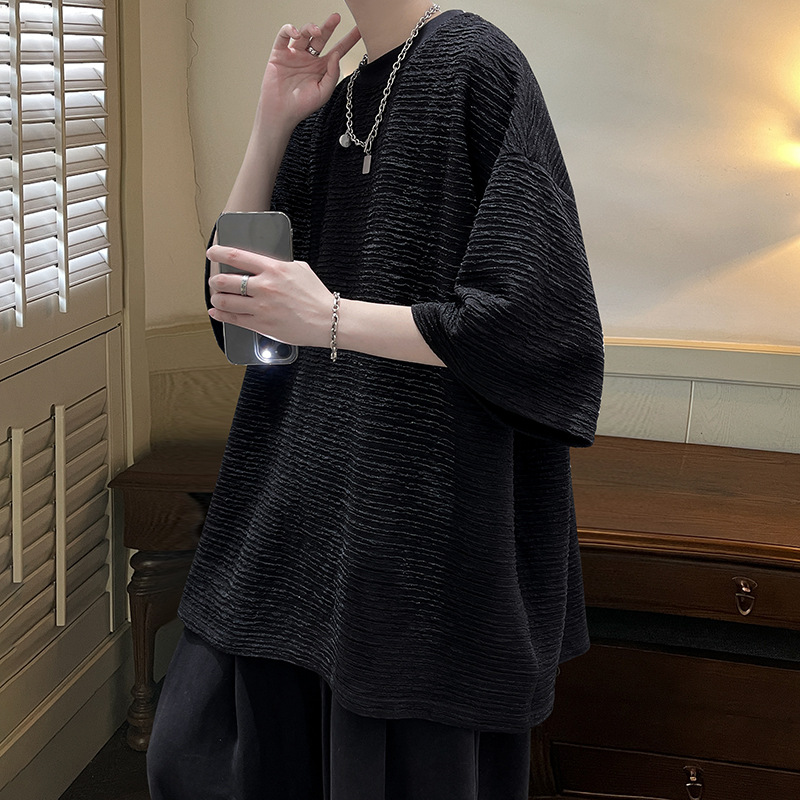 Hong Kong-style three-dimensional horizontal stripe, Chanel style, off-the-shoulder loose, men's 5-inch large size, versatile half-sleeved, ins Korean style short sleeved details Picture