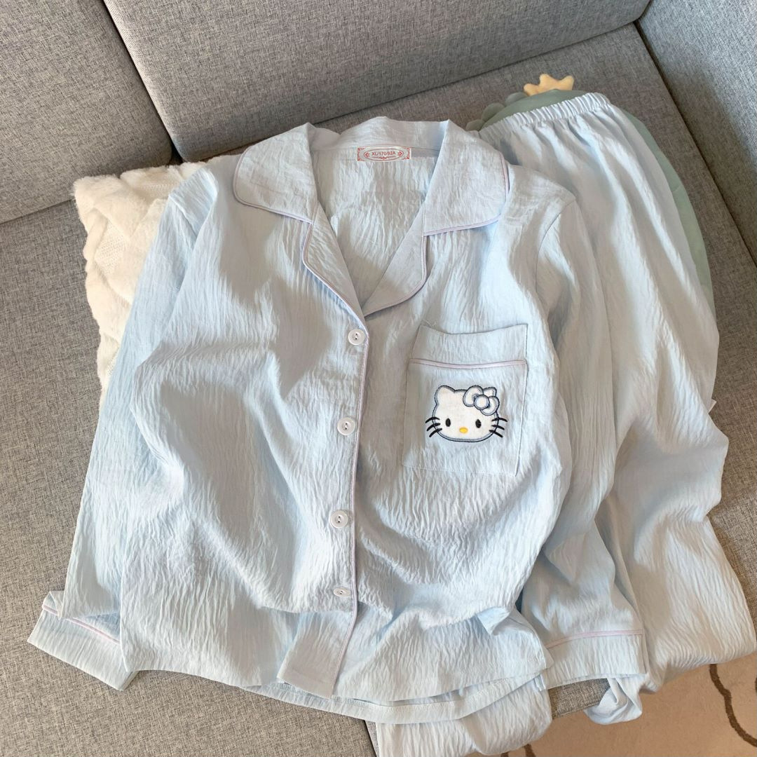 2025 nuevo nublado algodón manga larga pijamas mujeres primavera otoño cute dulce dibujos animados pantalones slim estilo casero traje verano