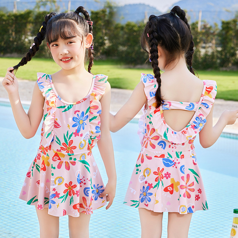 New Children's Swimsuit Swimsuit Training Swimsuit Summer One-Piece Little Big Child Princess Dress Sunflower Plus Print Sweet details Picture