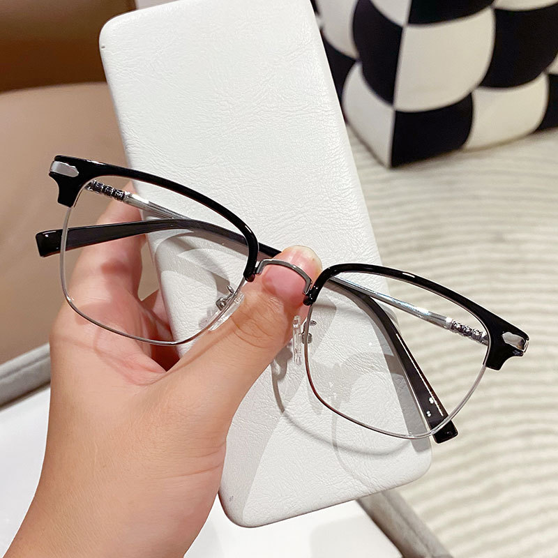 新款半框防蓝光眼镜男韩版复古商务近视眼镜框潮流时尚平光眼镜女图