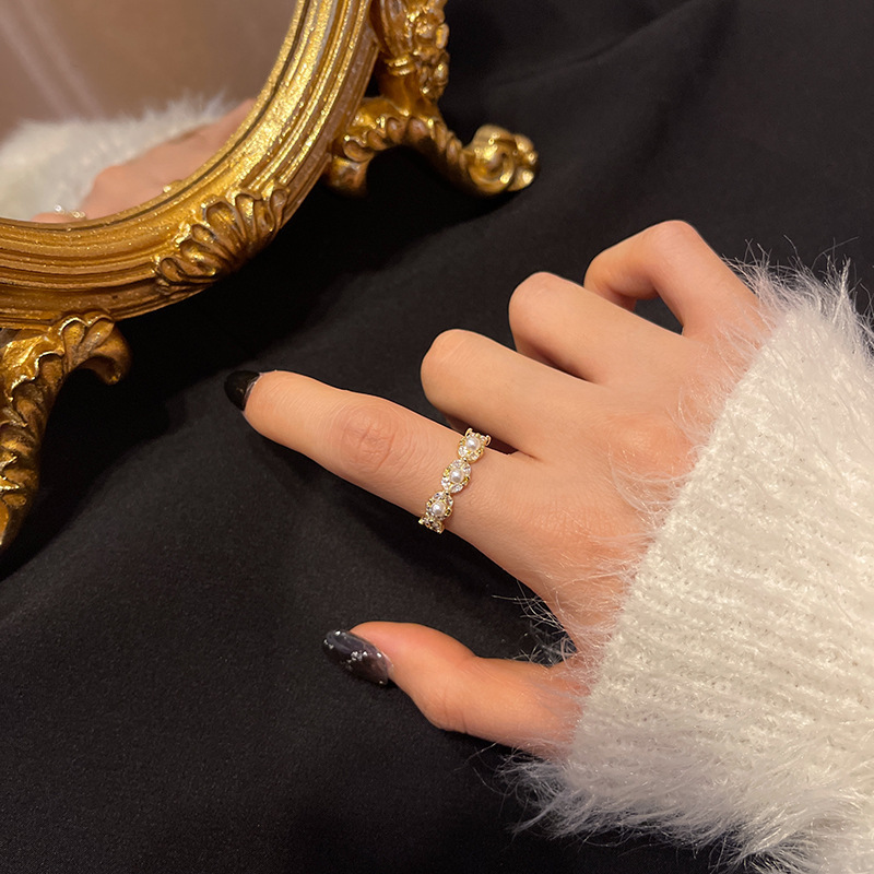 Kimoj's New Ring With Adjustable Opening, A Trendy And Cold Style For Women On Instagram, Zircon Pearl Index Finger Ring, Korean Version Real Gold Electroplated Jewelry Specification drawing