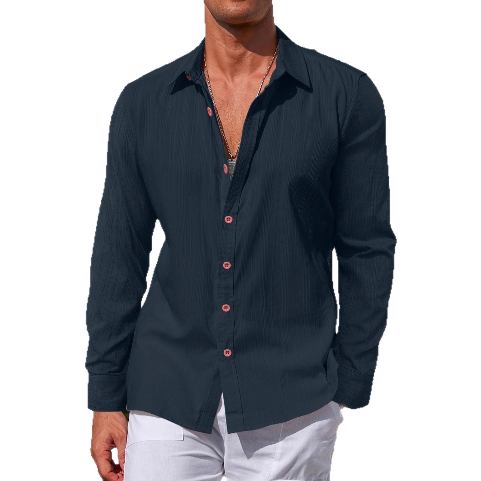 In 2025, cross-border Amazon men's casual long-sleeved shirts for Europe and America, pure cotton striped jacquard beach autumn shirts Item Picture